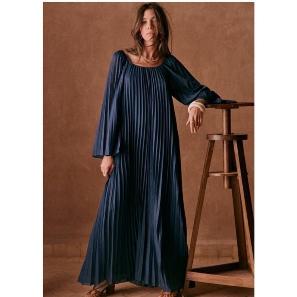 Sezane Julietta Pleated Navy Blue Maxi Dress 36 4